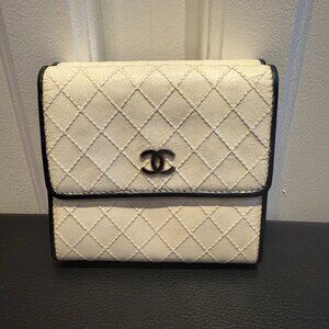 CHANEL Coco Mark Tri-Fold Wallet Compact White & Black Diamond Stitch